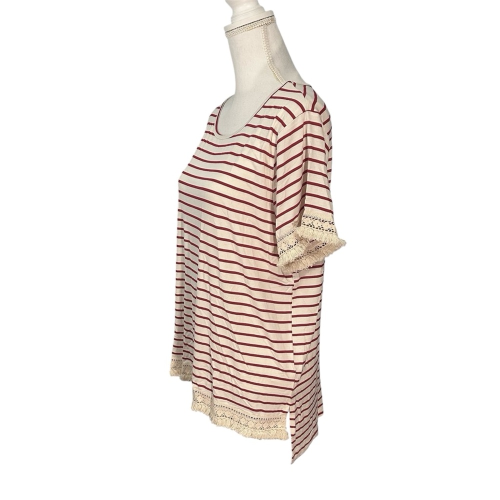Umgee Boutique Boho Blouse Large Red Cream Stripe Lace Pom Pom Hi-Low NWT